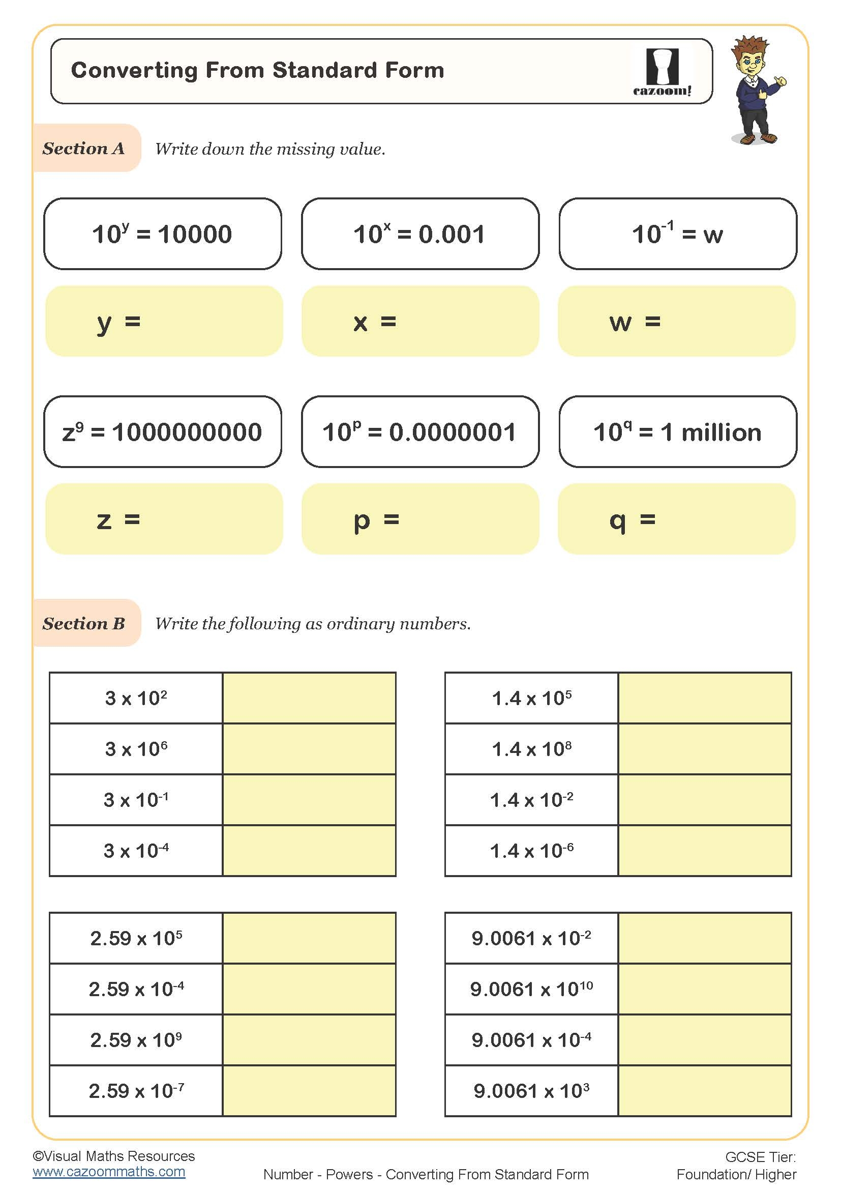 Converting From Standard Form Worksheet Cazoom Maths Worksheets