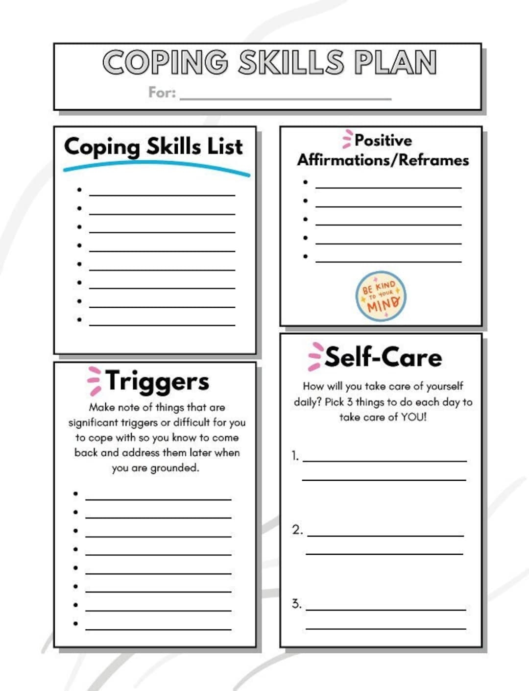 Coping Skills Plan Worksheet Self care Triggers digital Download Etsy