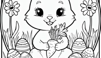 Cute Bunny With Carrot And Easter Eggs Coloring Page Playground