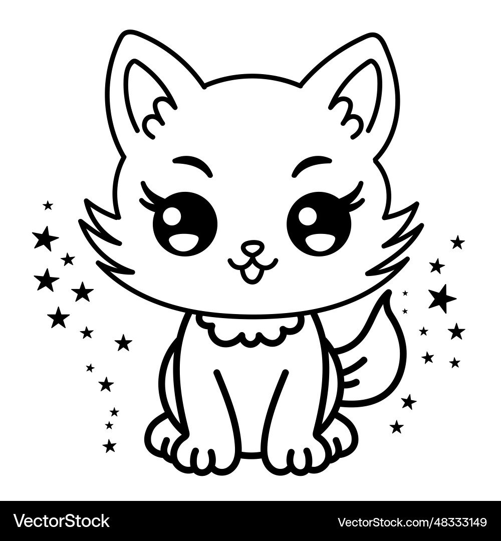 Cute Cat Coloring Page For Kids Cartoon Fluffy Vector Image