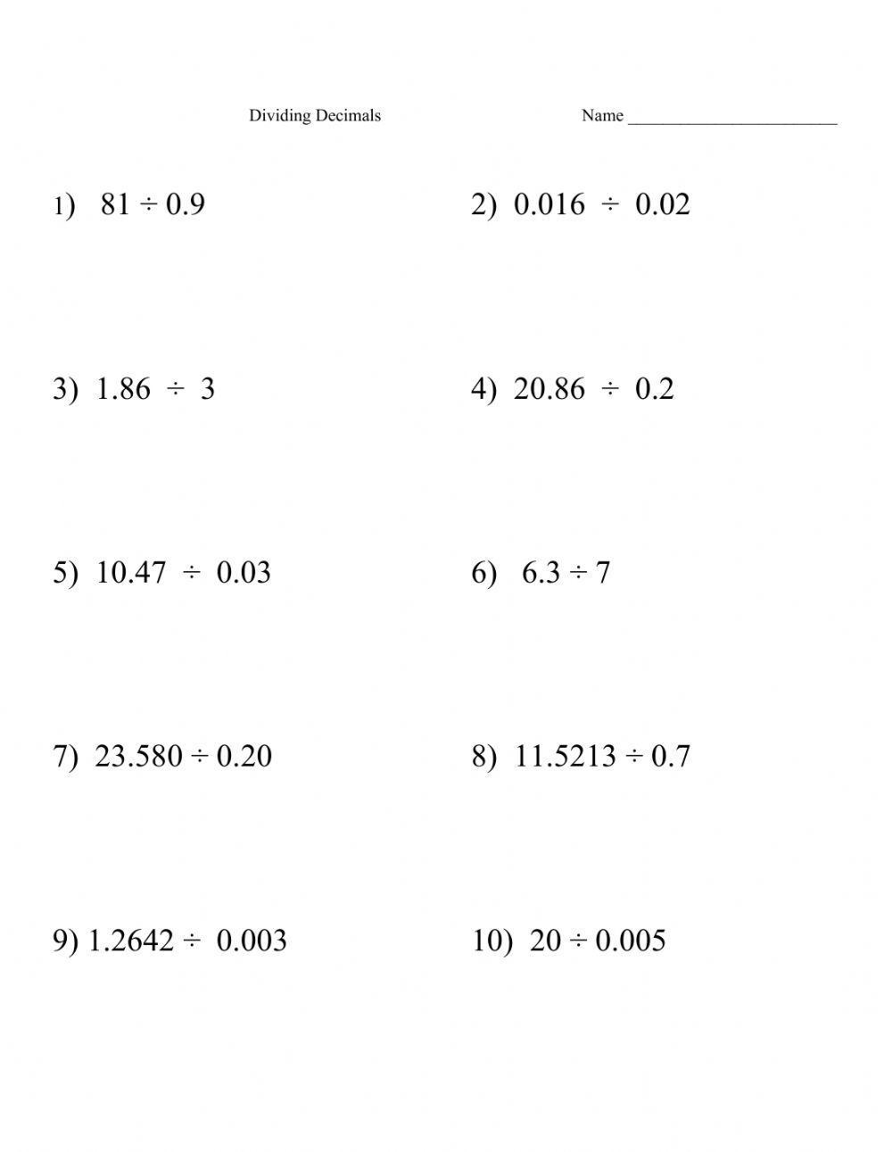 Decimal Dividing Decimals By Decimals Worksheet Live Worksheets Worksheets Library