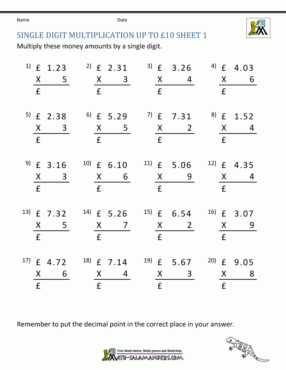 multiplying decimals worksheets