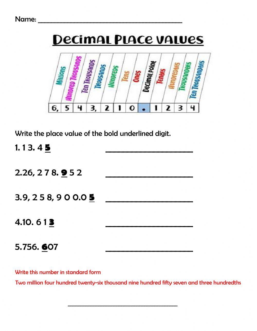 decimal place value worksheets
