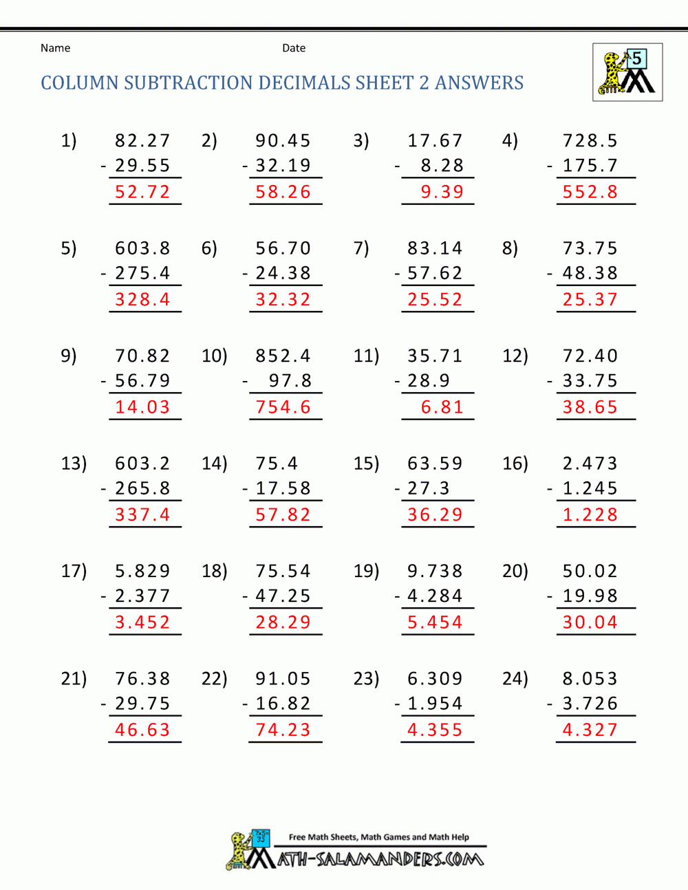 Decimal Subtraction Worksheets