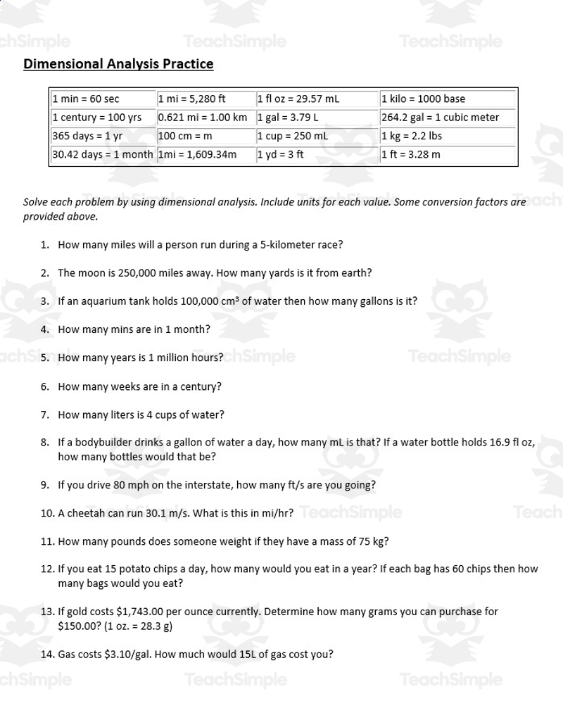 Dimensional Analysis Conversions Practice By Teach Simple
