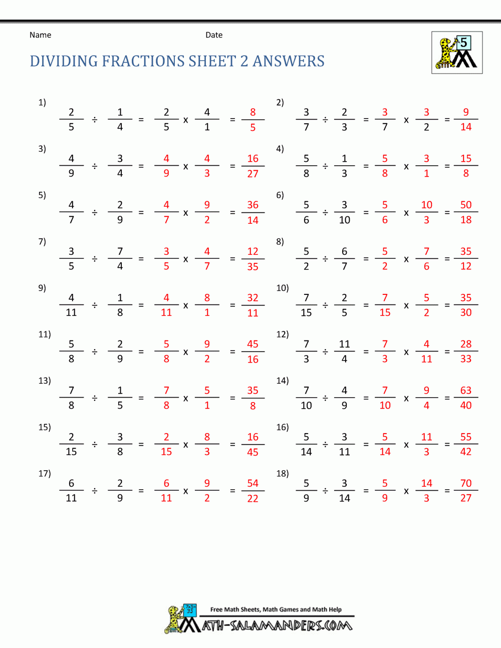 Dividing Fractions Sheet 2