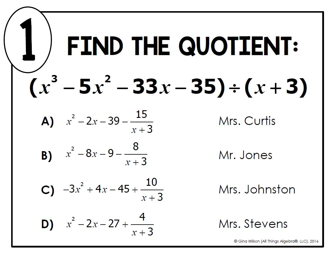 Dividing Polynomials Math Lib Activity All Things Algebra 