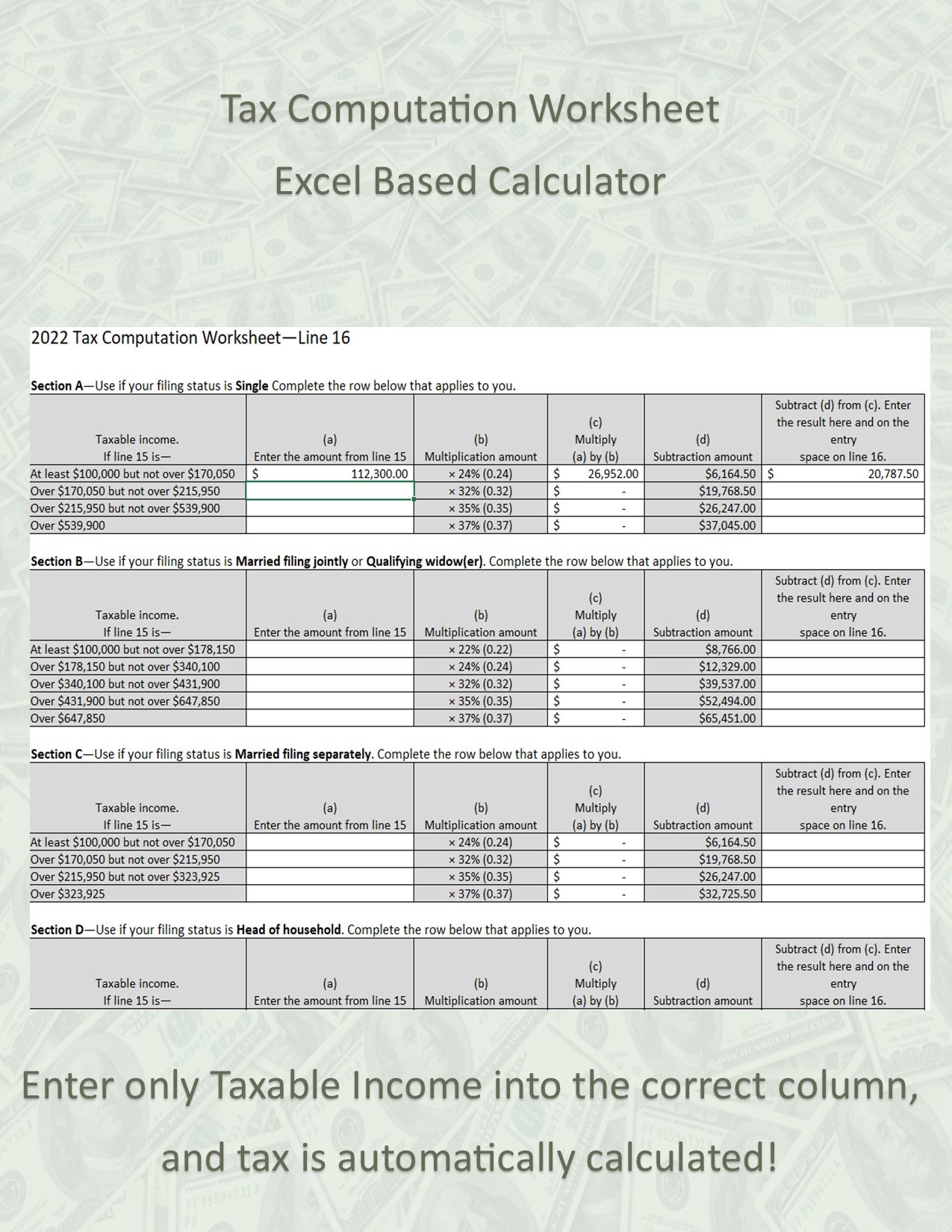 Easy Calculator For 2022 Qualified Dividends And Capital Gain Tax Worksheet excel 2016 Also Includes Tax Computation Worksheet Etsy