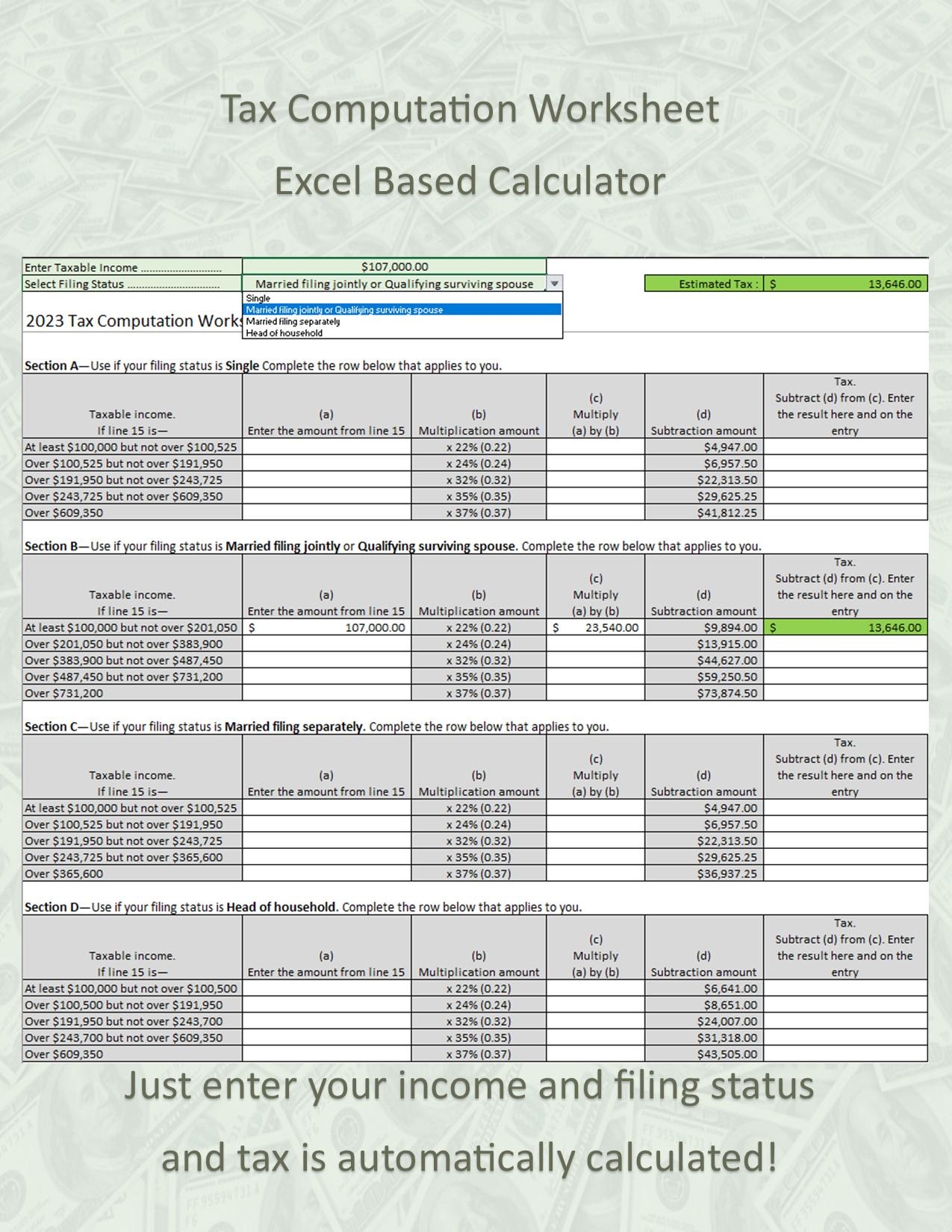 Easy Custom Calculator For 2024 Qualified Dividends And Capital Gain Tax Worksheet excel 2016 Also Includes Tax Computation Worksheet Etsy