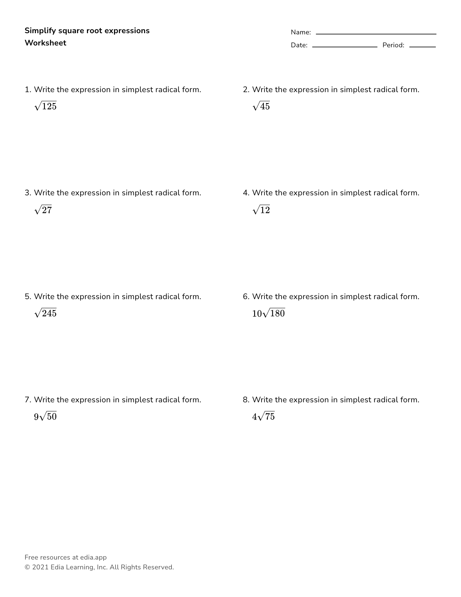 worksheet for simplifying radicals
