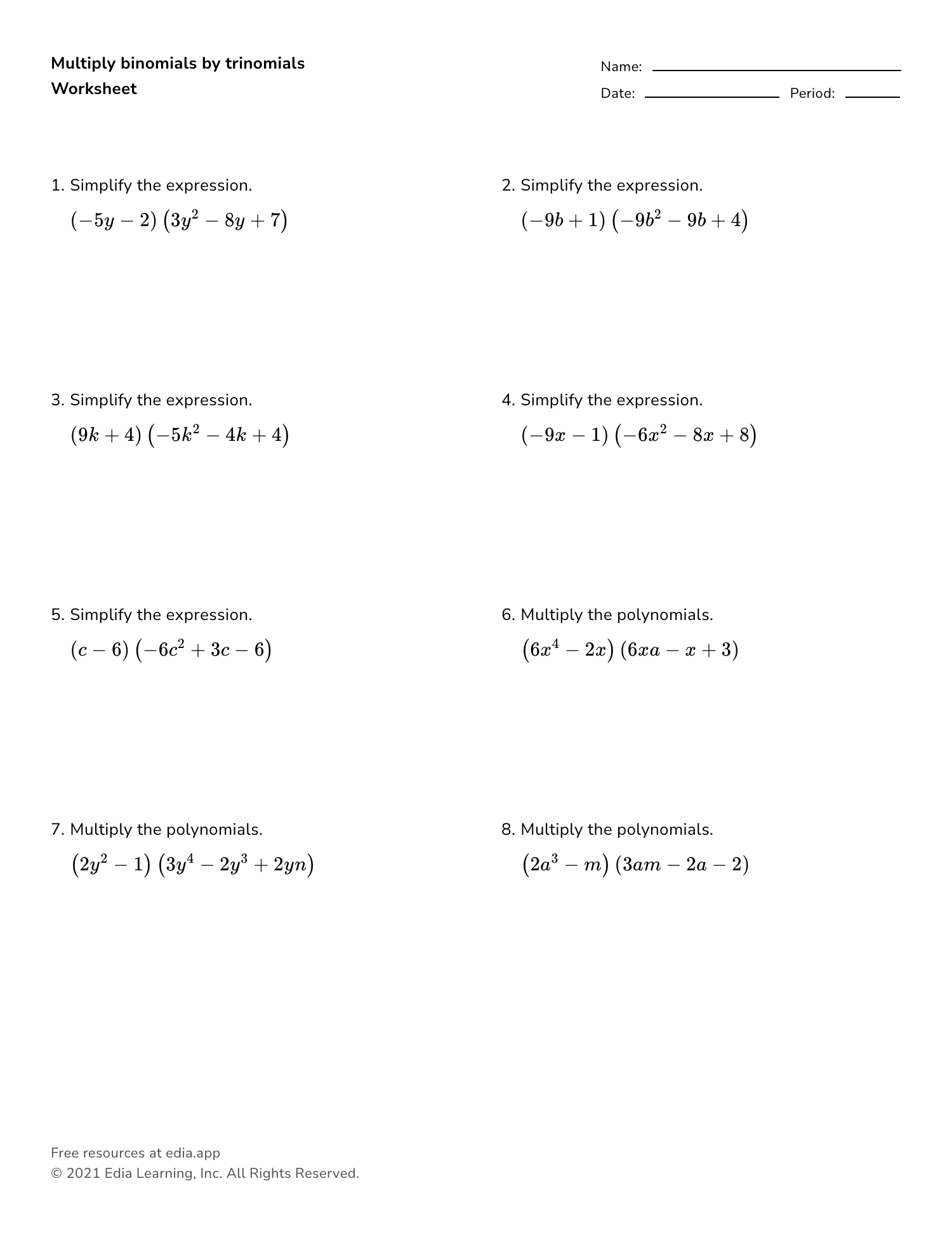 multiplying polynomials worksheet
