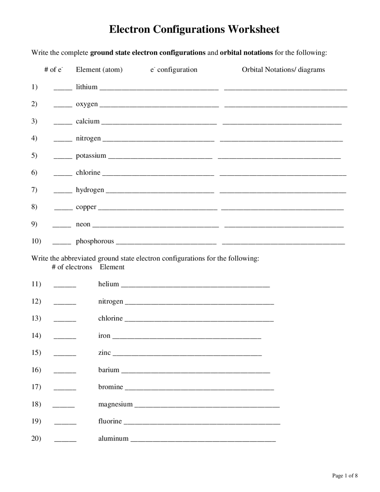 Electron Configurations Worksheet Lecture Notes Chemistry Docsity
