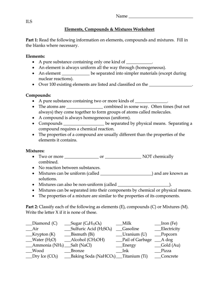Elements Compounds And Mixtures Worksheet Fill Out Sign Online Worksheets Library