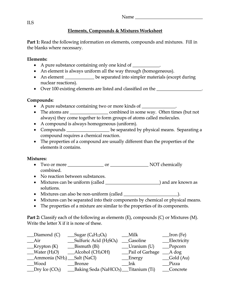 Elements Compounds And Mixtures Worksheet Fill Out Sign Online Worksheets Library