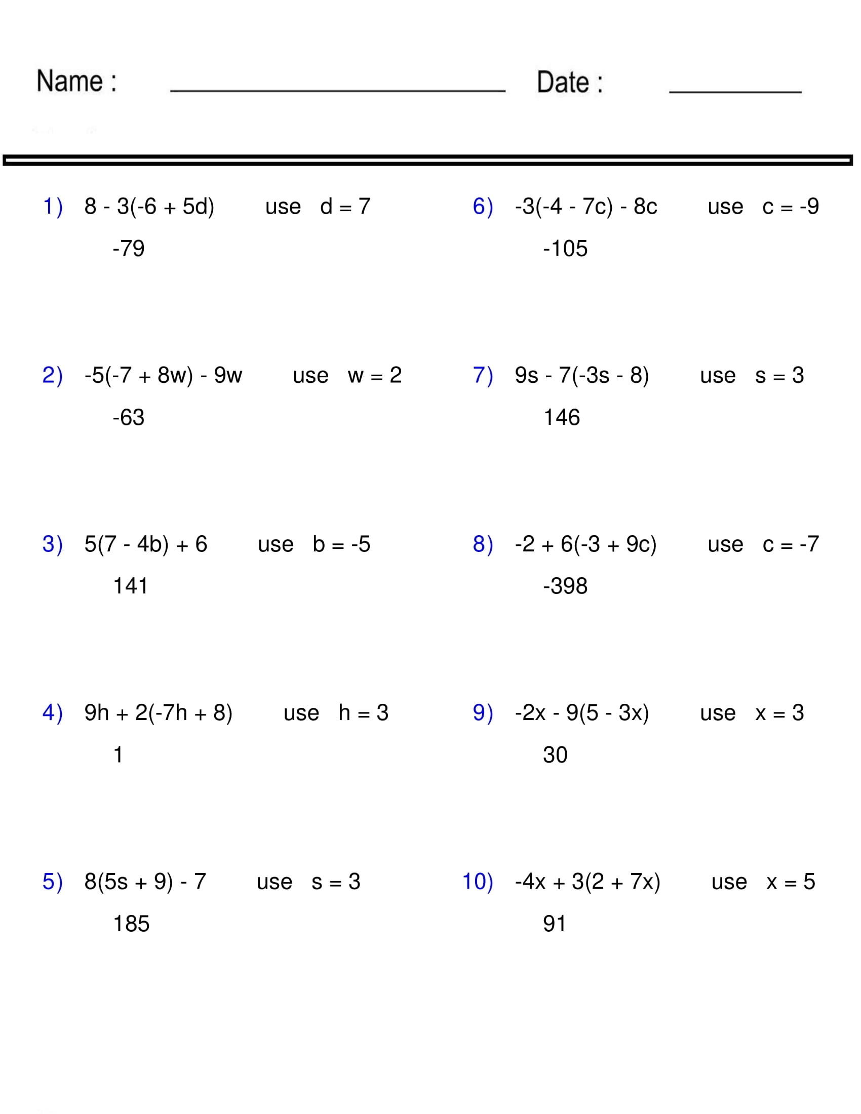 algebra one worksheets