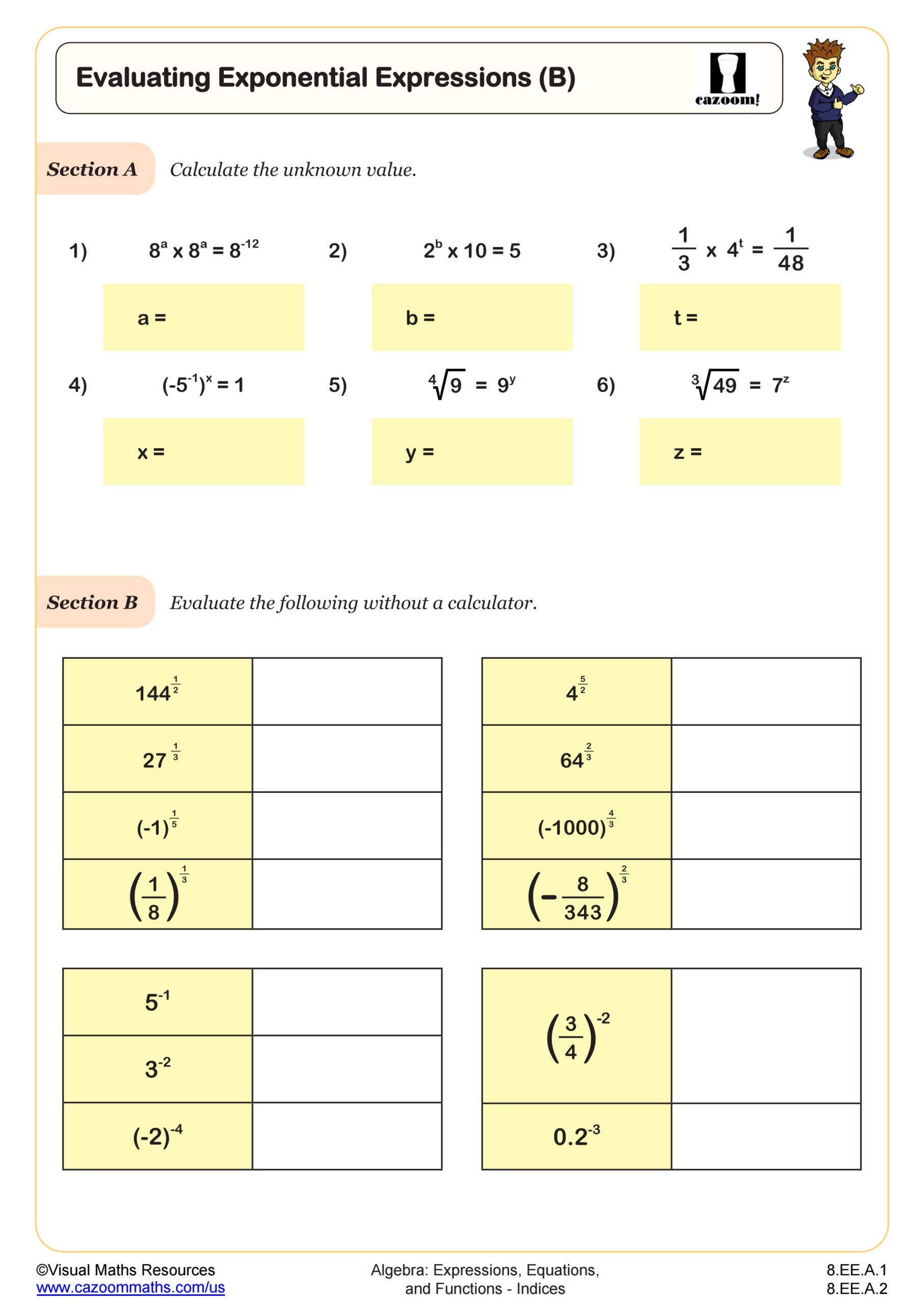 Evaluating Exponential Expressions B Worksheet 8th Grade PDF Worksheets