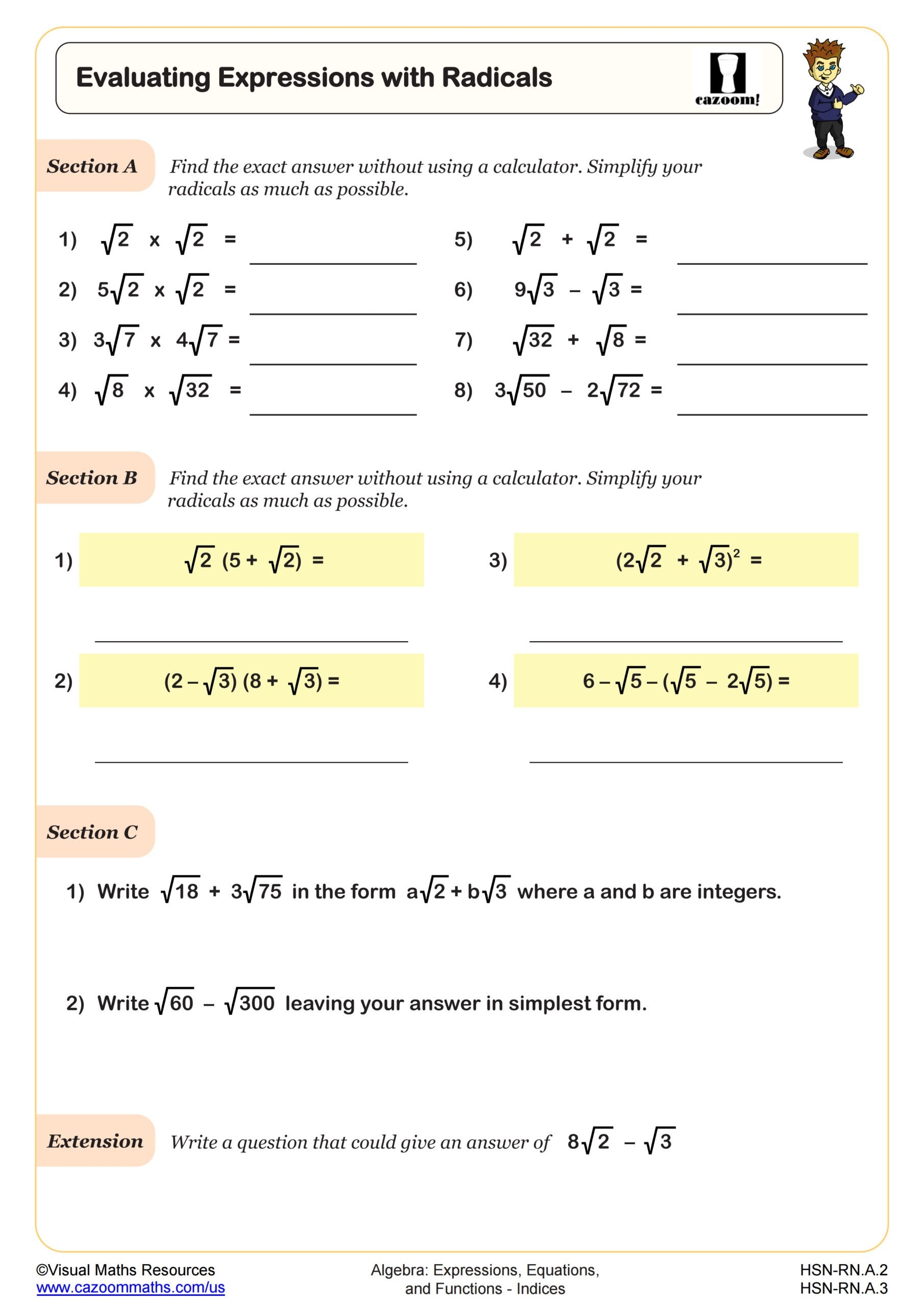 Evaluating Expressions With Radicals Worksheet PDF Printable Algebra Worksheet