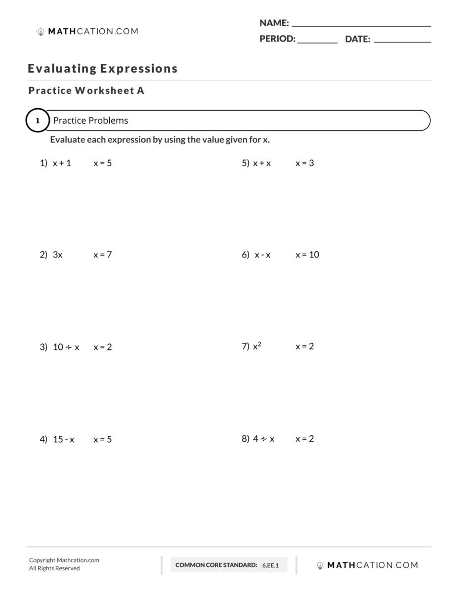 evaluating expressions worksheet