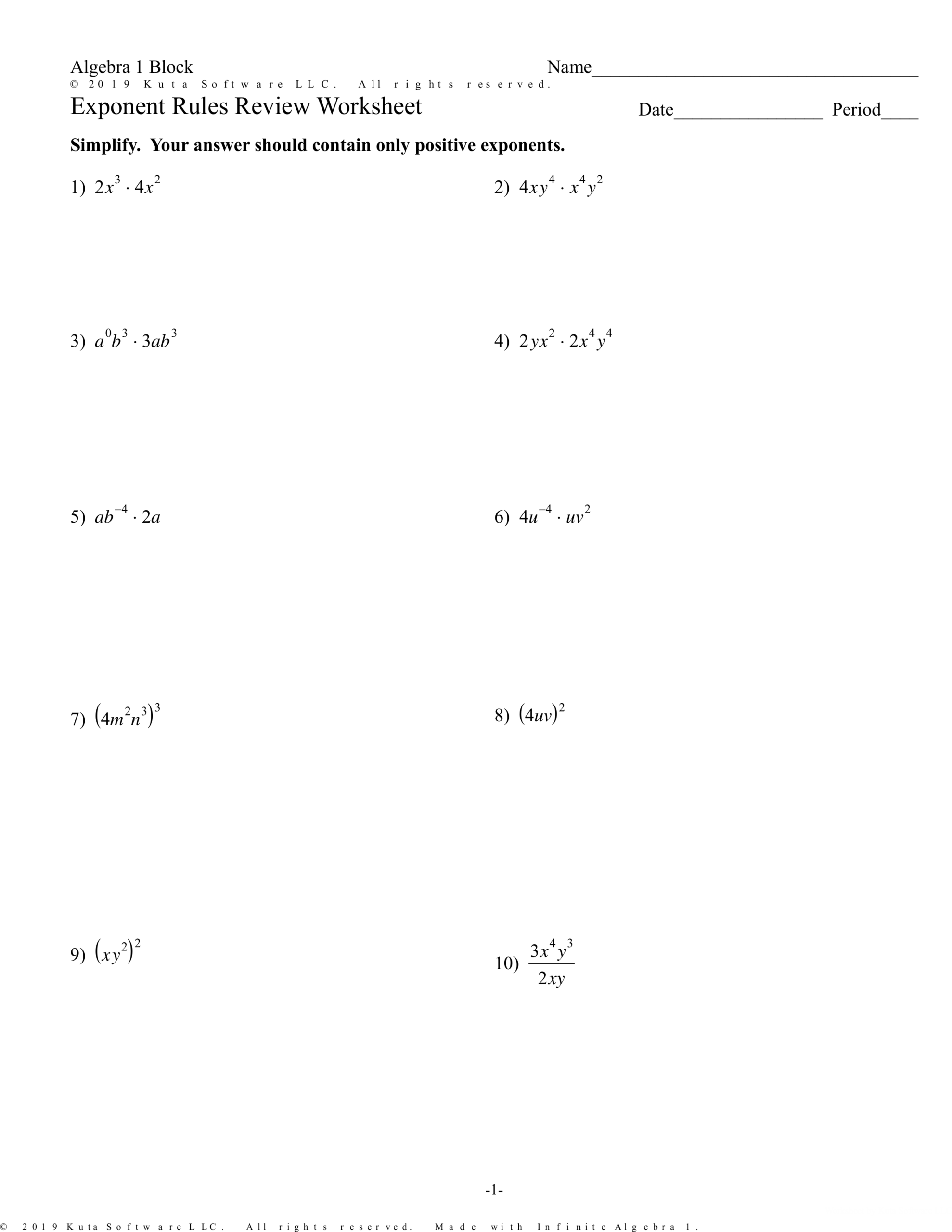 Exponent Rules Review Worksheet Math Teachers Library Formative