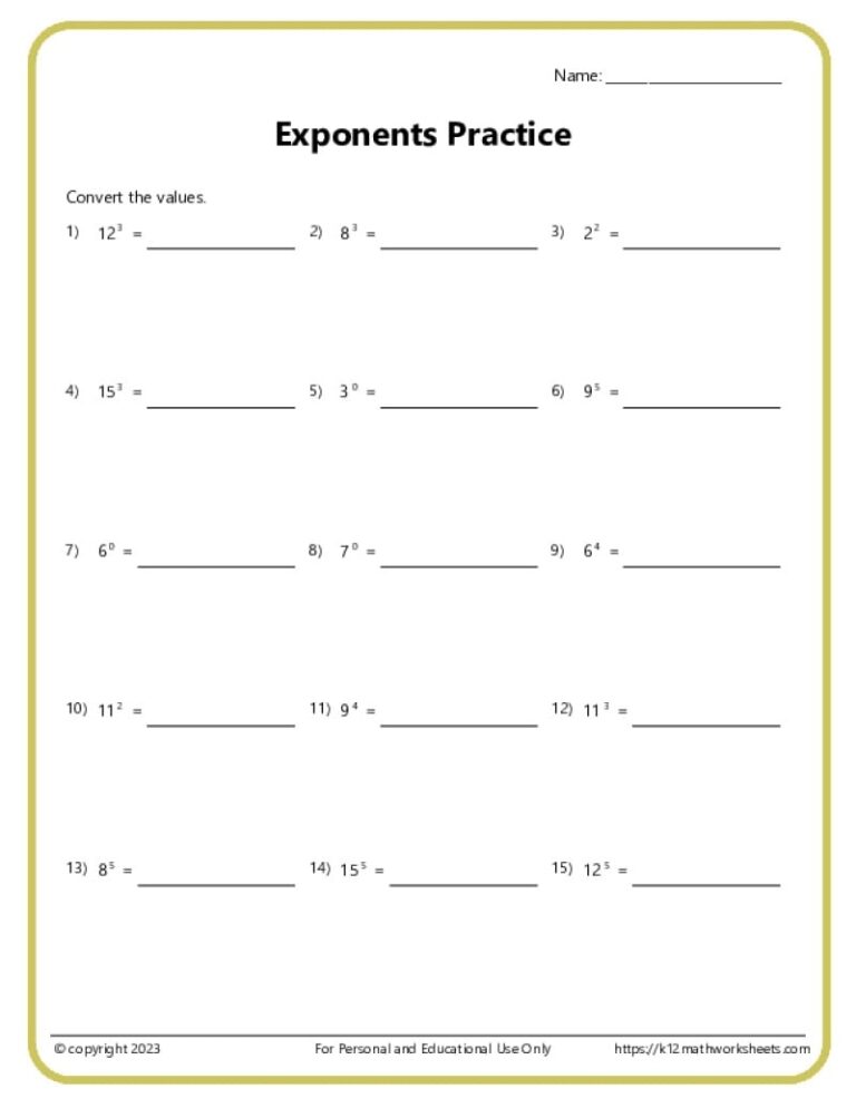 Exponents Worksheets