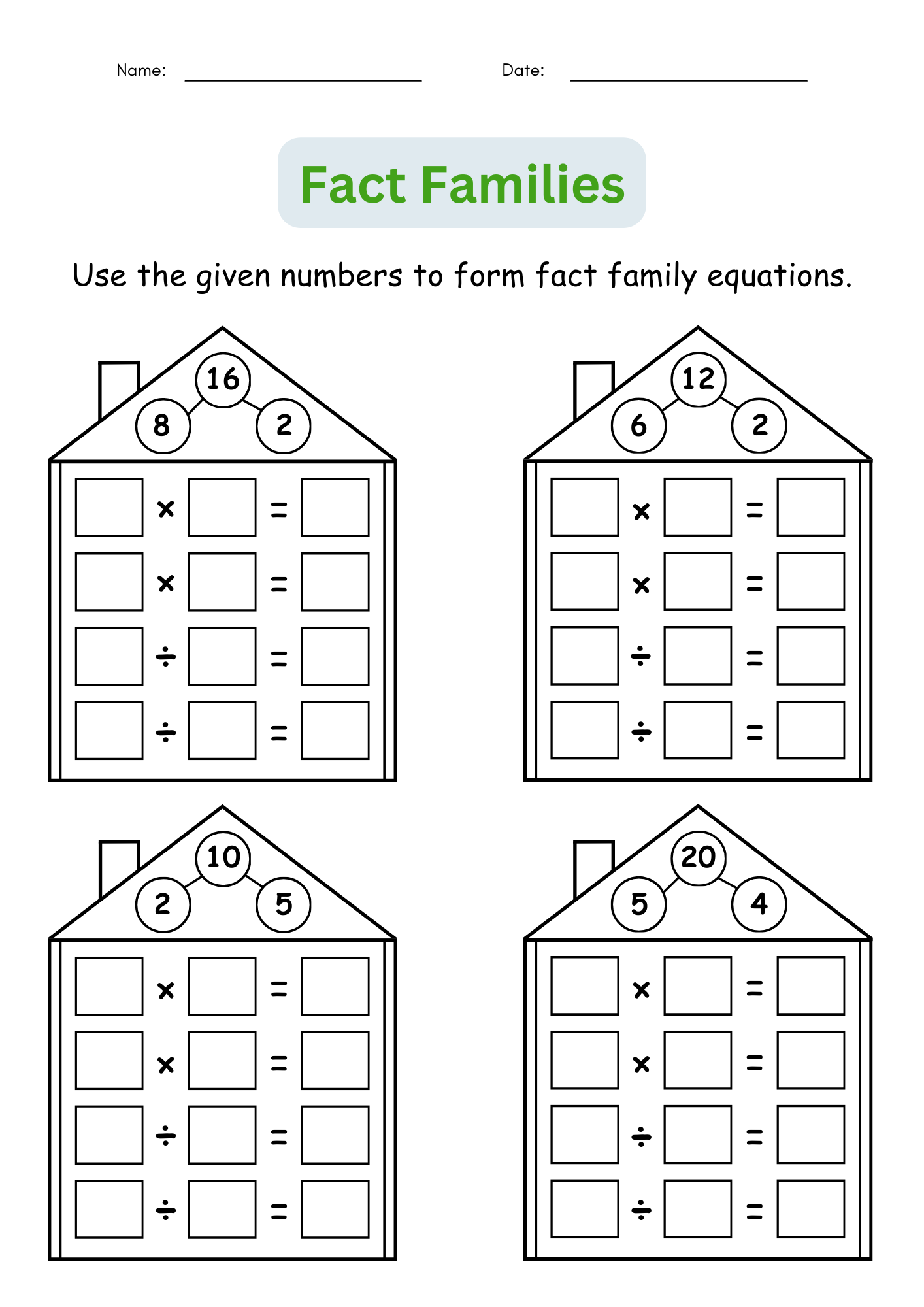 Fact Families Multiplication And Division Number Math Worksheets For Grade 1 2 Made By Teachers
