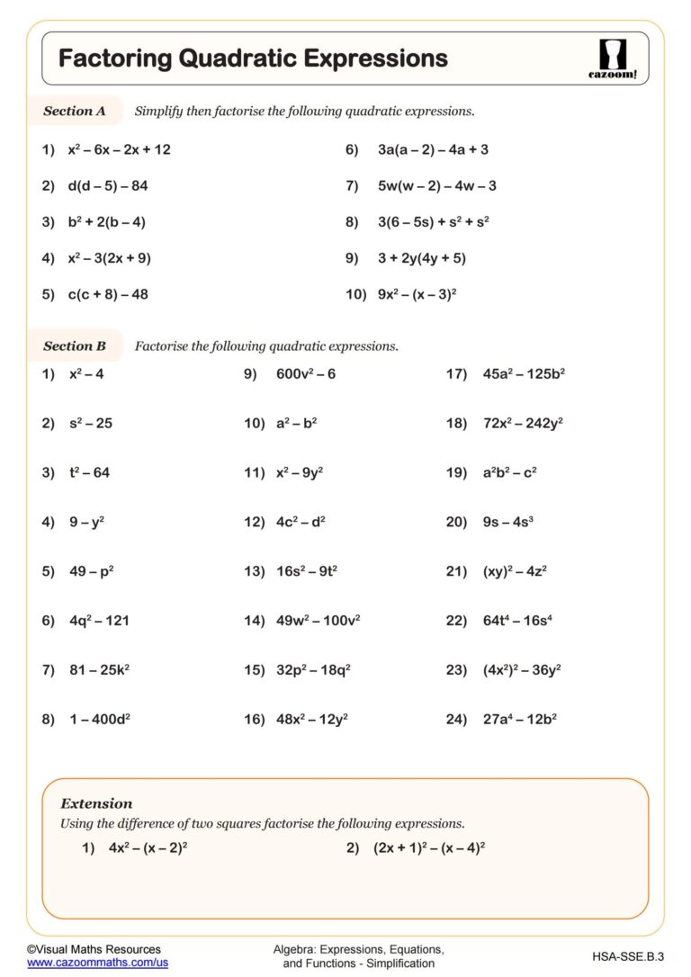 Factoring Quadratic Expressions Worksheet Fun And Engaging Algebra I PDF Worksheets