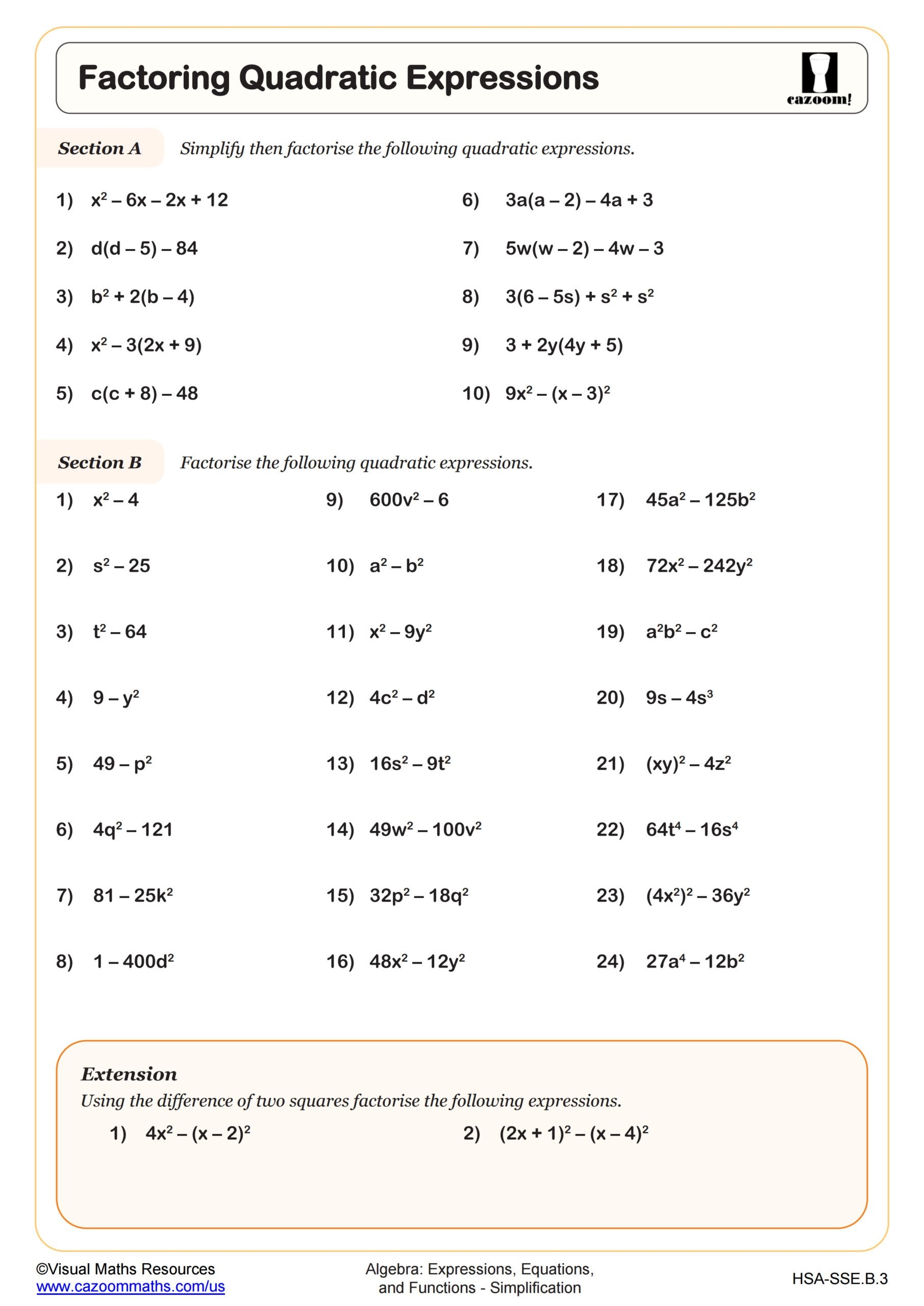 Factoring Quadratic Expressions Worksheet Fun And Engaging Algebra I PDF Worksheets