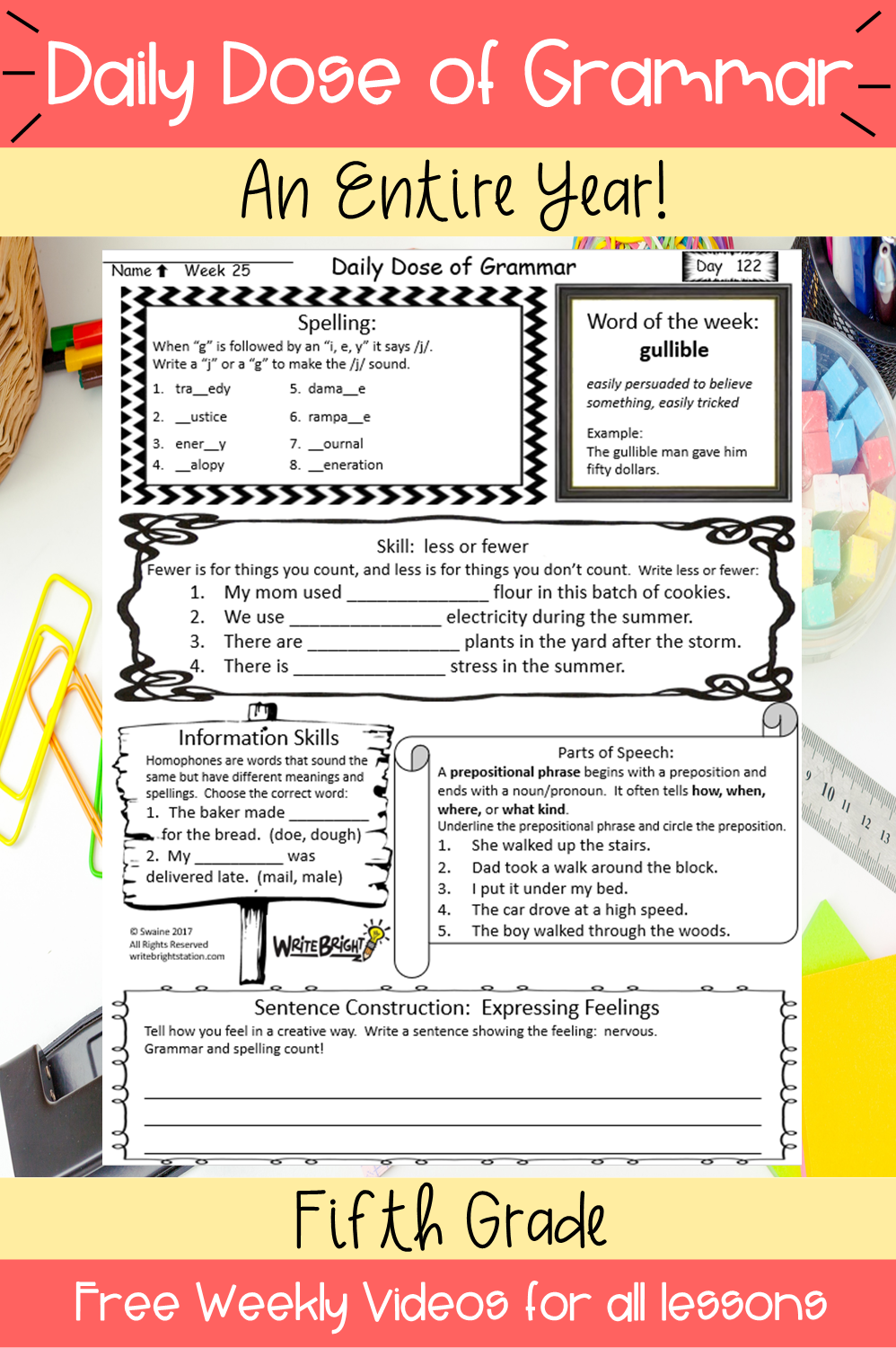 Fifth Grade Grammar Skills Daily Dose Bundle Standards Assessments Write Bright Lady