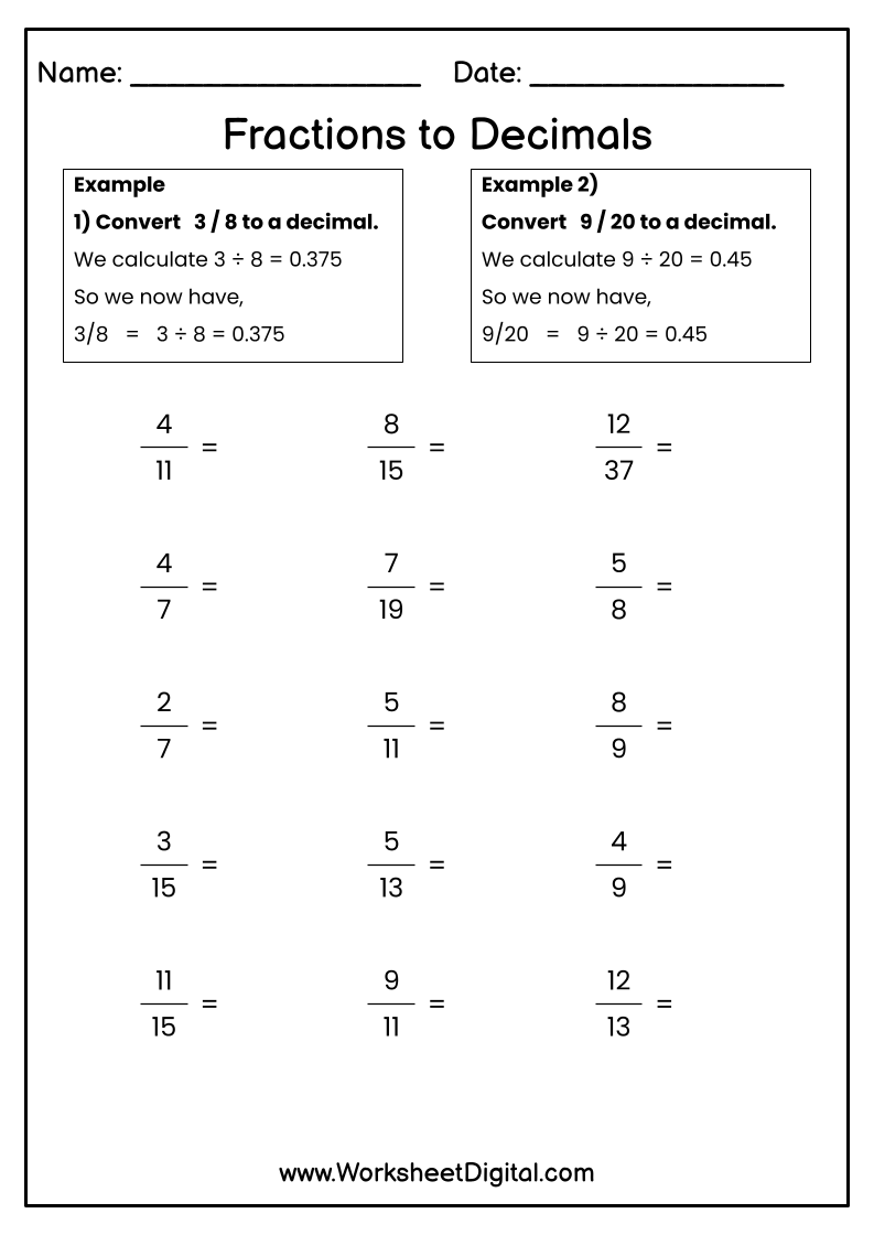 fractions to decimals worksheet
