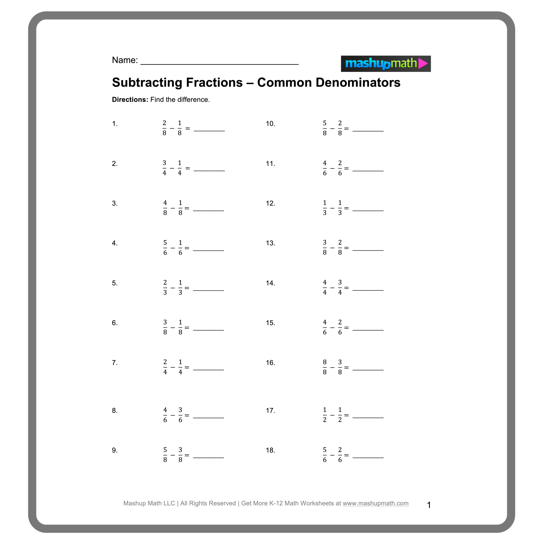 adding subtracting fractions worksheet