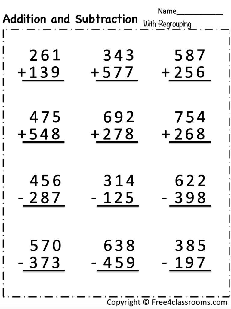 Free Addition And Subtraction Worksheet 3 Digit Numbers With Regrouping Free Worksheets Free4Classrooms
