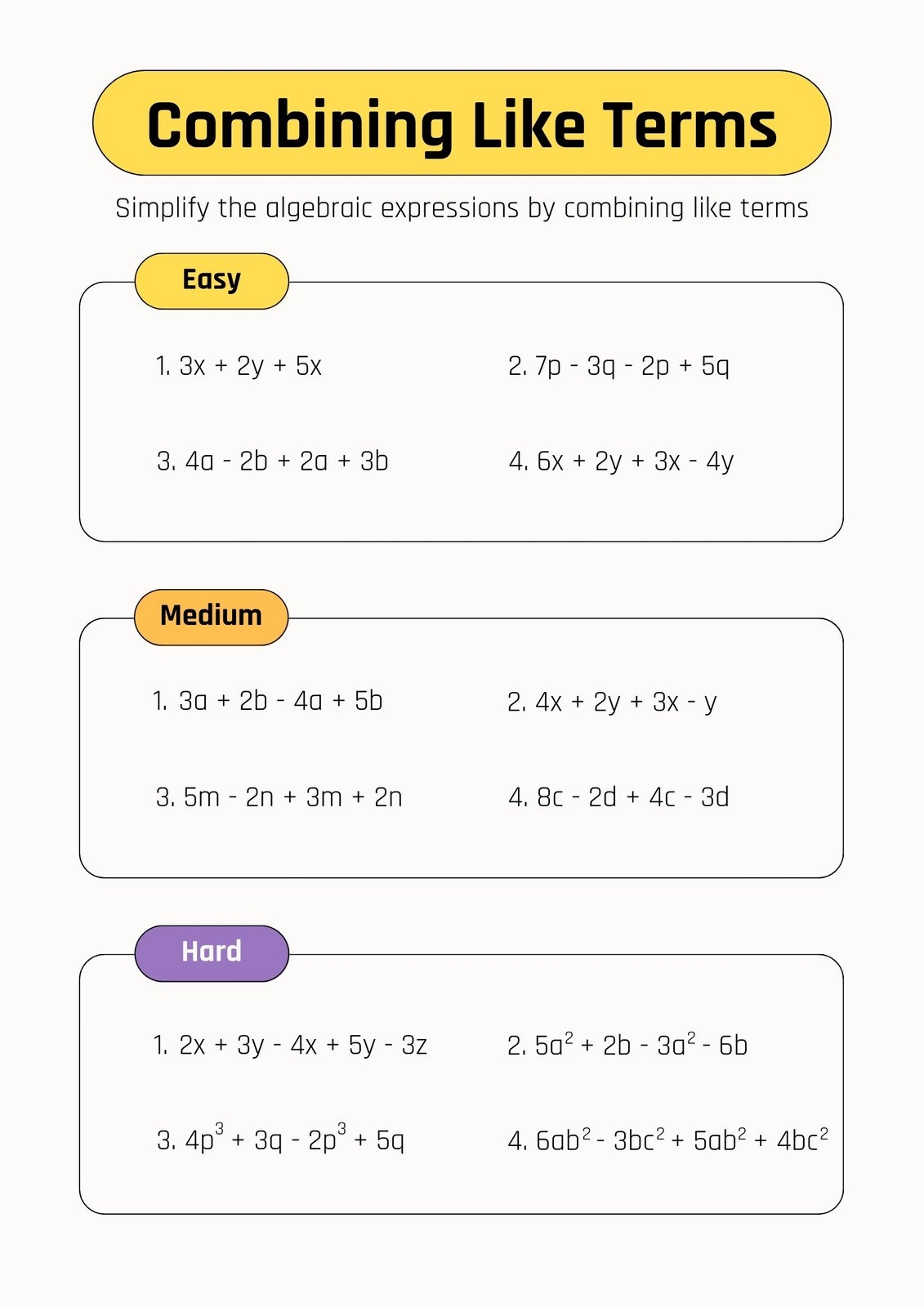 Free Custom Combining Like Terms Worksheet Templates Canva Worksheets Library