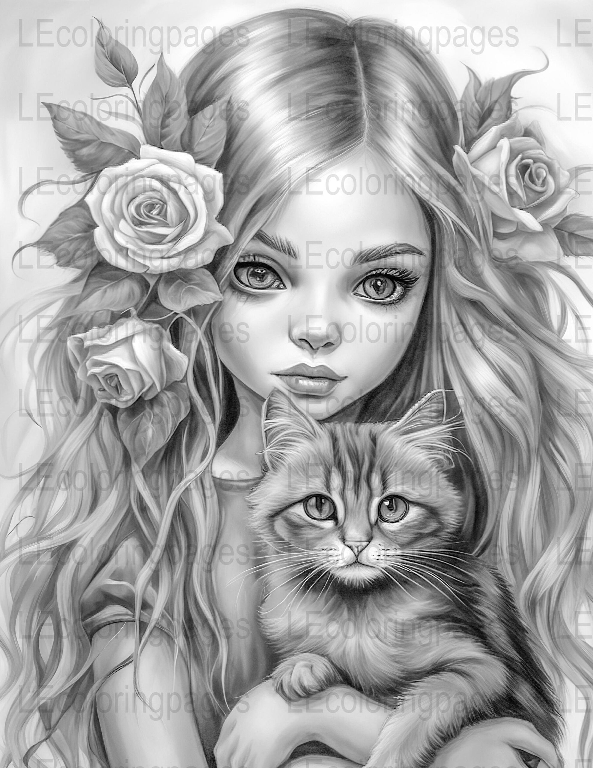 Gothic Cat Girl Grayscale Coloring Page For Adults 10 Instant Download Art Therapy Stress Relief High Resolution 300dpi Fantasy Etsy