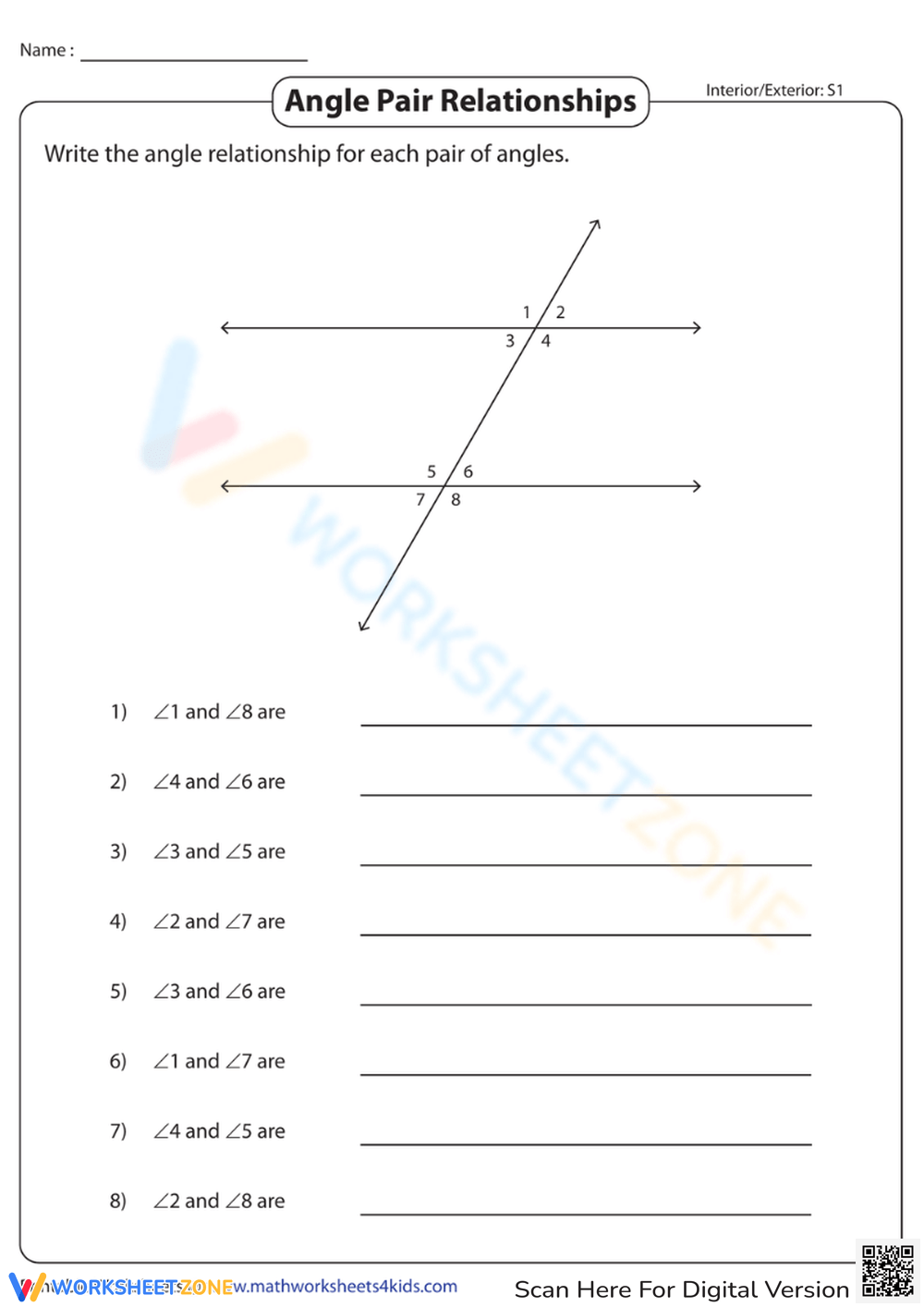 Grade 7 Angle Pair Relationships Worksheets
