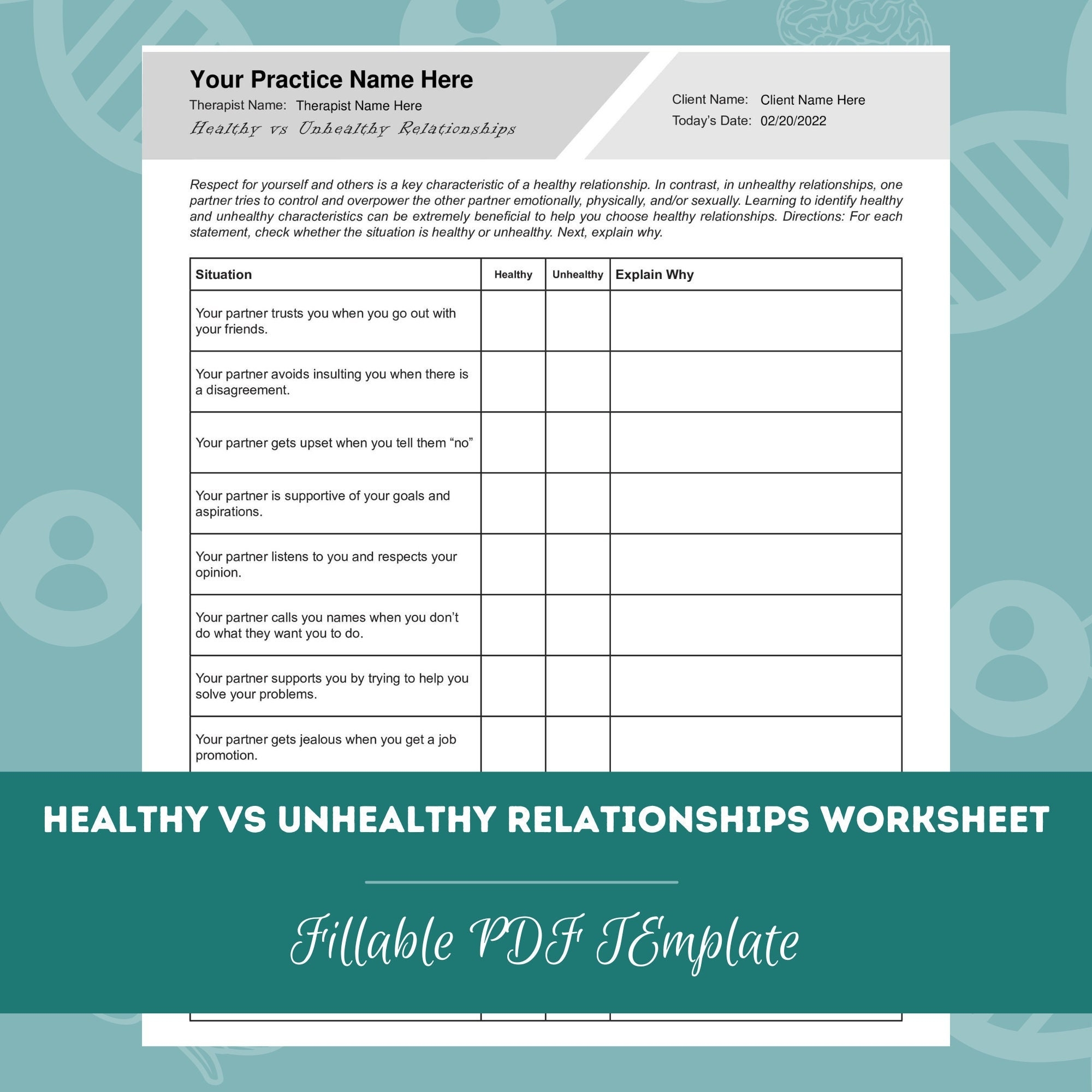 Healthy Vs Unhealthy Relationships Worksheet Editable Fillable PDF For Counselors Psychologists Psychiatrists Therapists Etsy