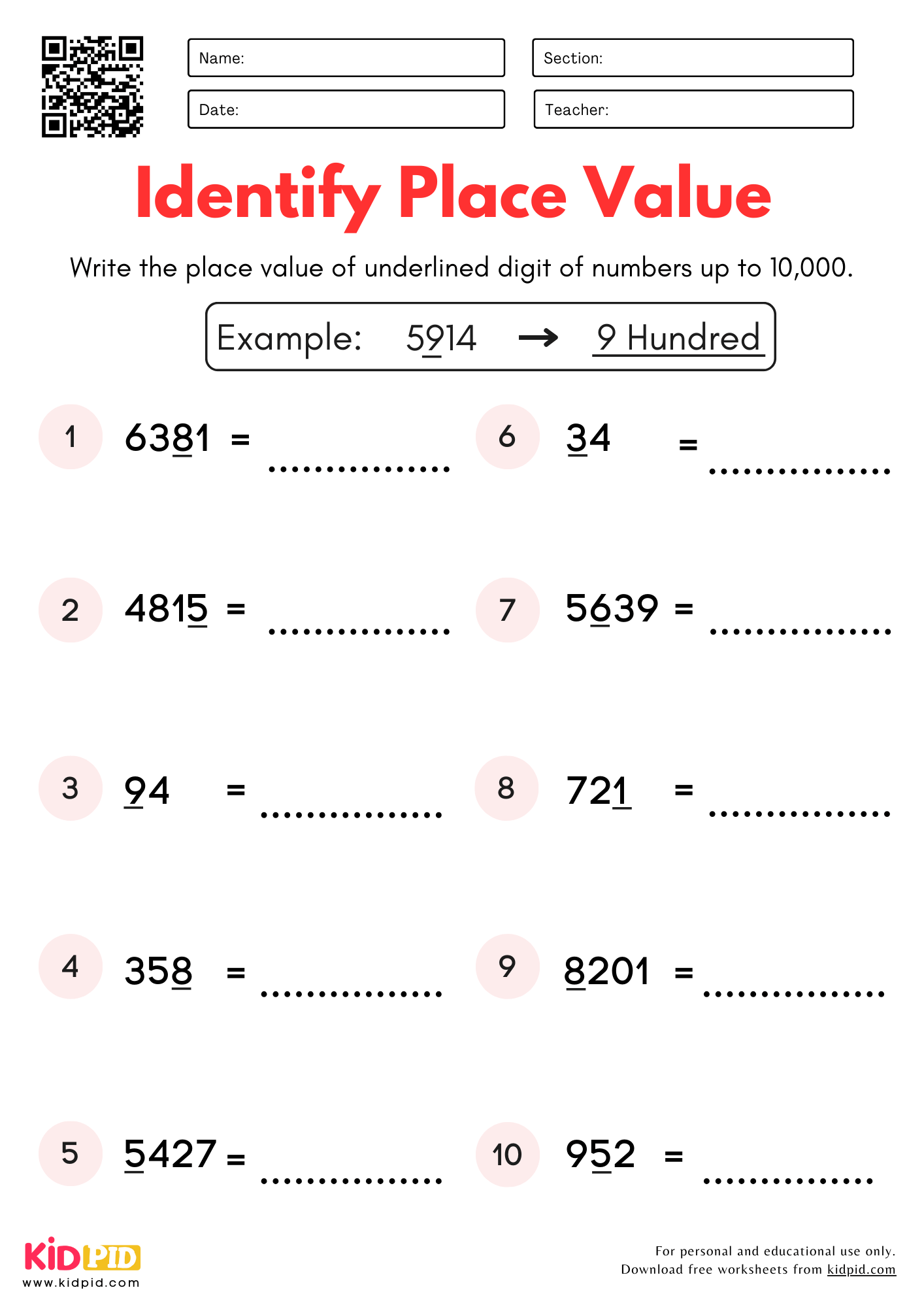place and place value worksheets