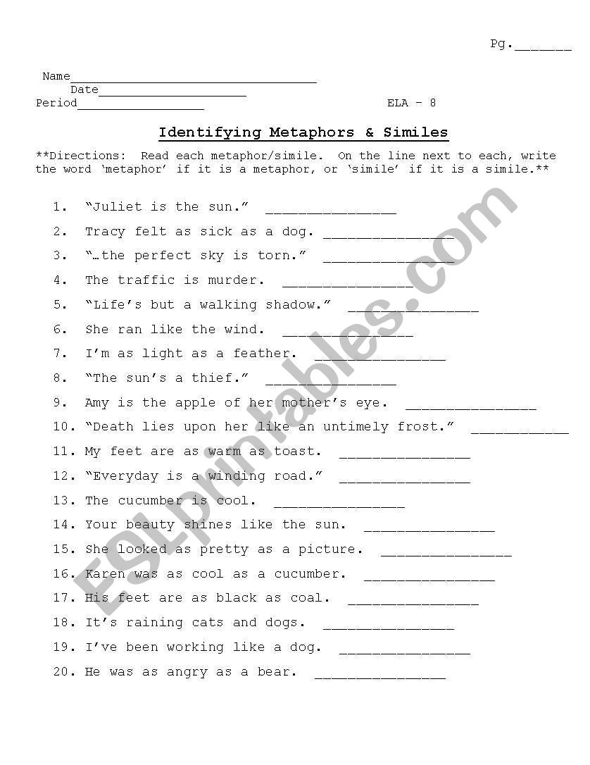 simile and metaphor worksheet