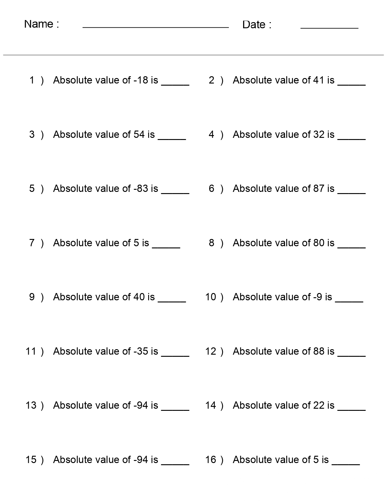 absolute value worksheets