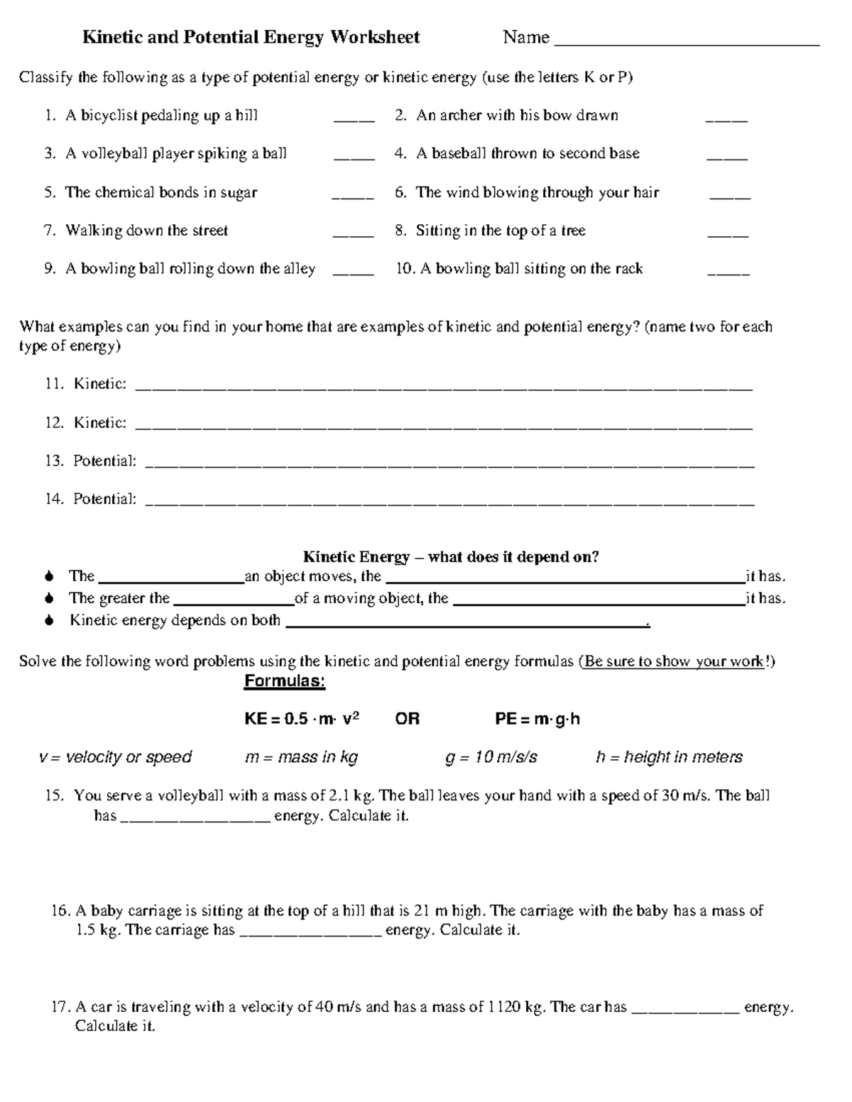 Kinetic And Potential Energy Worksheet Physics 101 Studocu