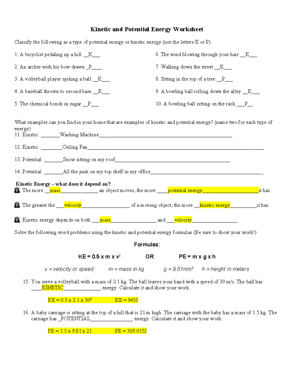 Kinetic Potential Energy Worksheet Answer Key Physics 101 Studocu