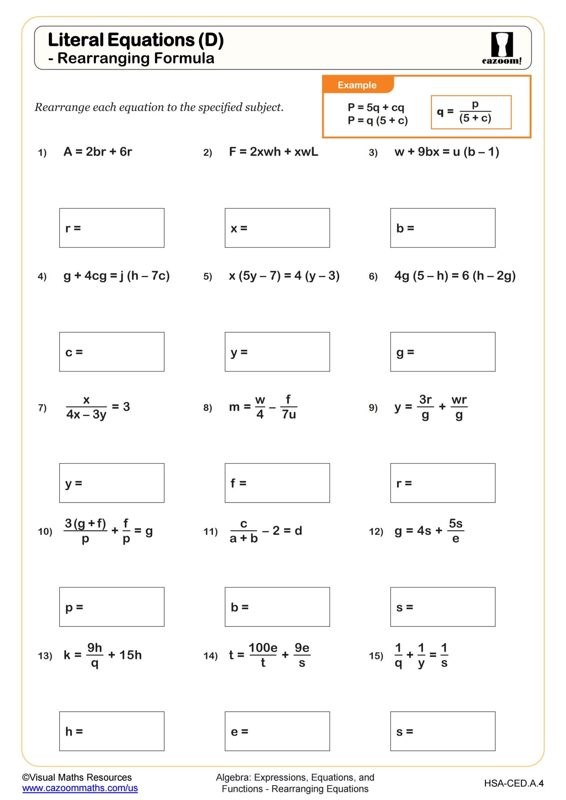 literal equations worksheet