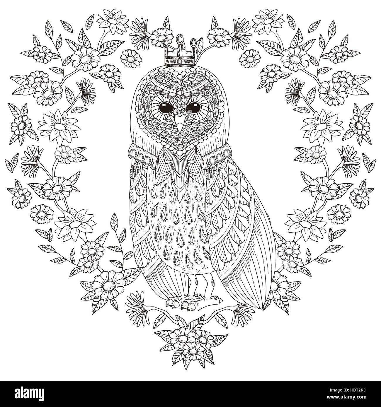 Lovely Owl Coloring Page With Floral Elements In Exquisite Line Stock Vector Image Art Alamy
