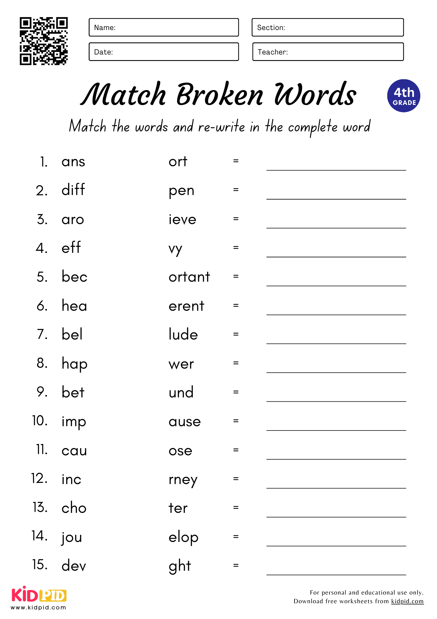 Match Complete The Words Worksheet For Grade 4 Kidpid