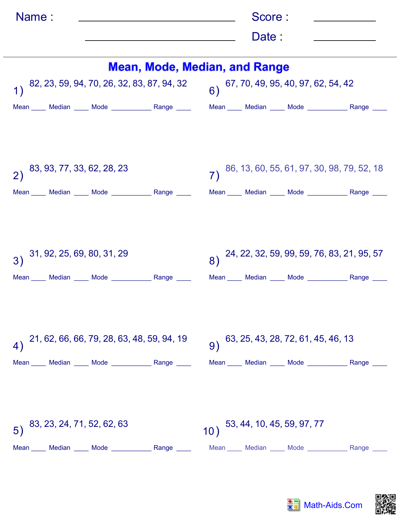 mean mode median and range worksheet