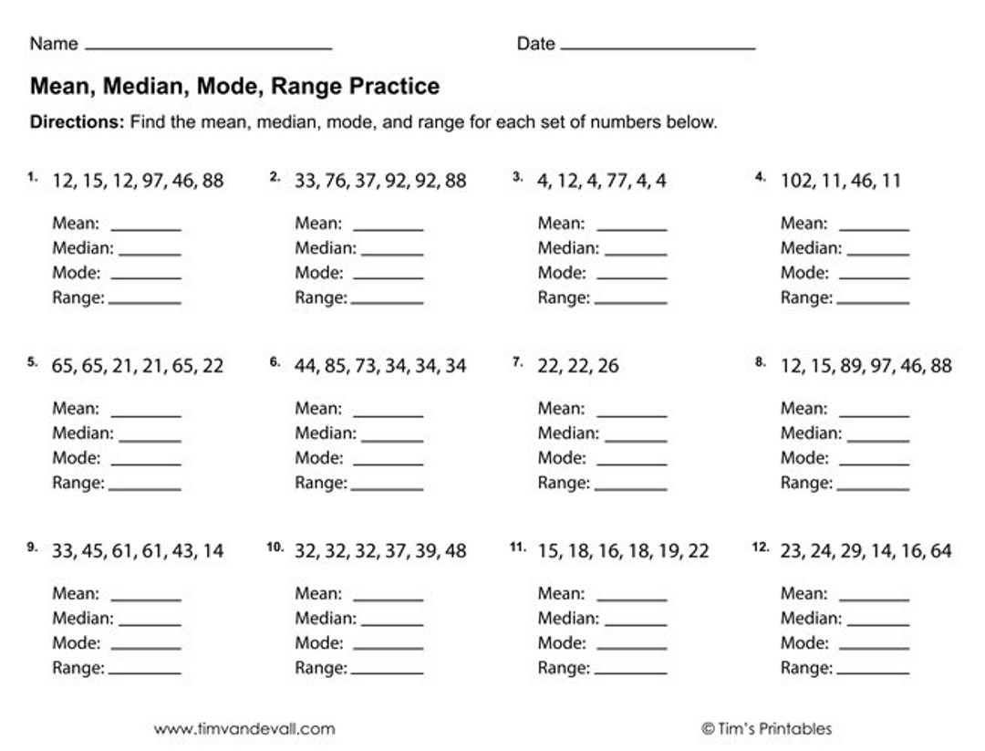 Mean Median Mode Range Worksheets PDF 3 Printable Worksheets Etsy