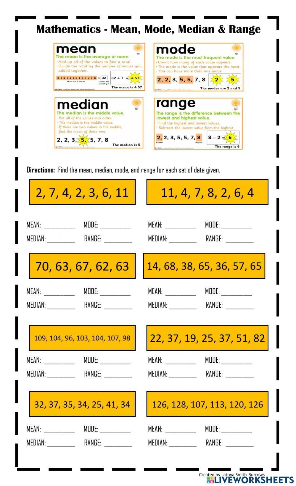 mean mode range and median worksheets