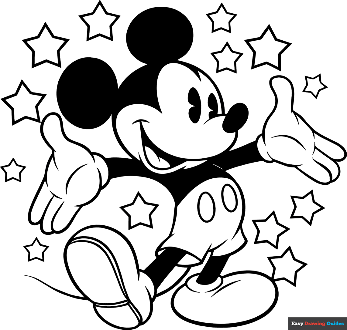 Mickey Mouse Surrounded By Stars Coloring Page Easy Drawing Guides