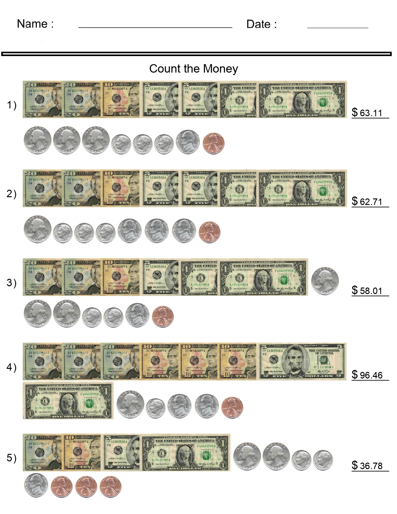 Money Worksheets Counting United States Bills And Coins Made By Teachers