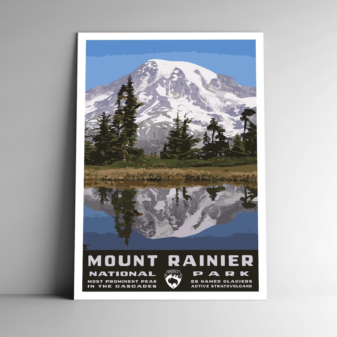 Mount Rainier National Park Vintage style Travel Poster Postcard Sticker Magnet Retro WPA Style Washington US Art Print Wall Art Retro Etsy