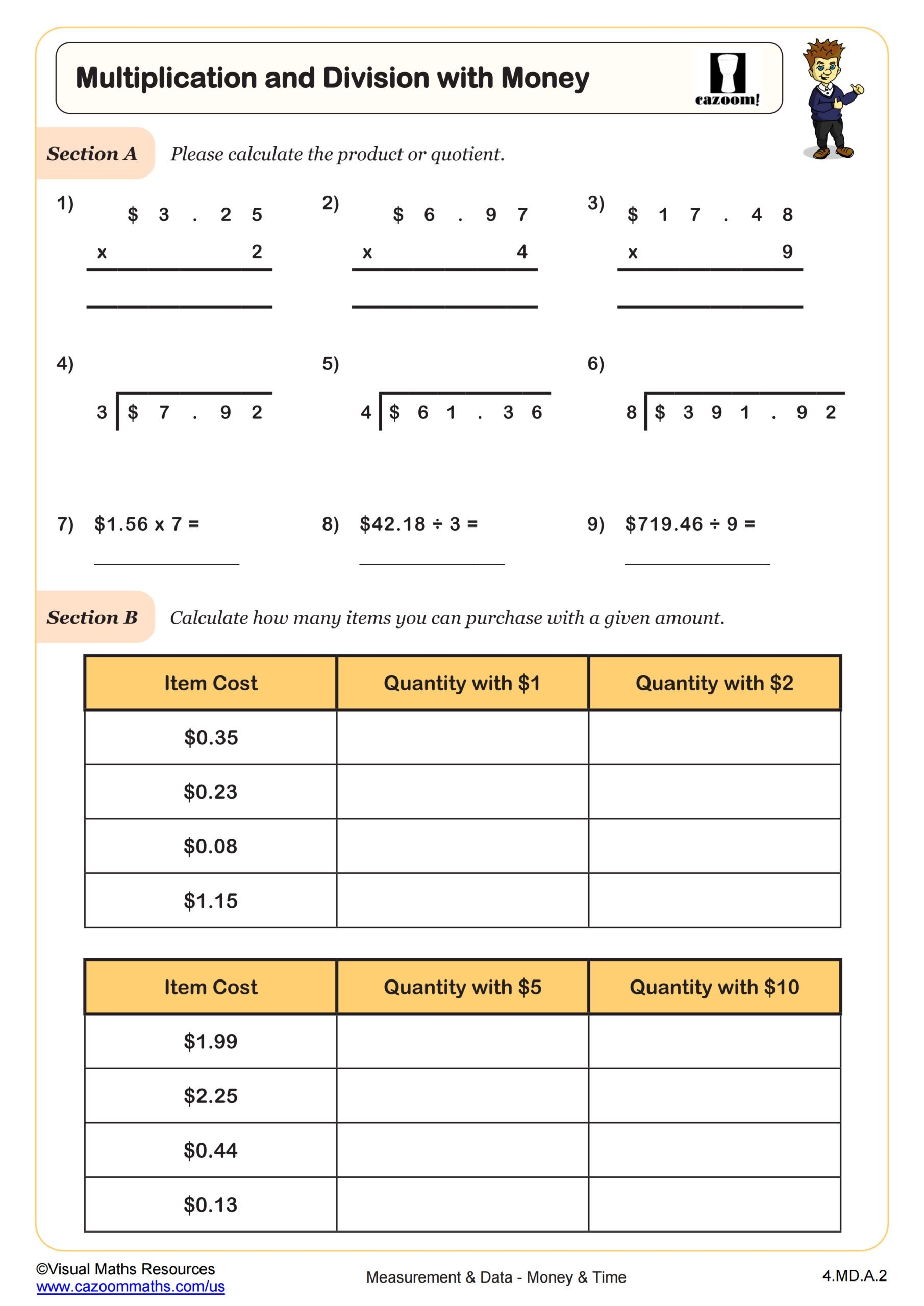 Multiplication Division With Money Worksheet PDF Printable Measurement Data Worksheet